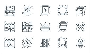 İslam ve Ramazan çizgi simgeleri. Doğrusal küme. Fener, kazılmış, takvim, tespih, dekorasyon, takvim, fener, tespih, fener gibi kalite vektör dizileri