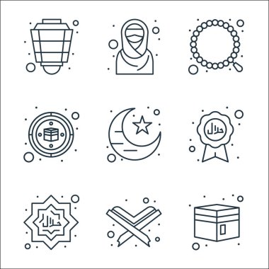 İslam ve Ramazan çizgi simgeleri. Doğrusal küme. Kabe, Kuran, helal, helal, hilal, qibla, tespih, tesettür gibi kalite vektör çizgisi kümesi