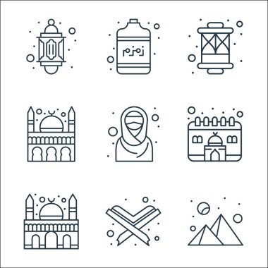 İslam ve Ramazan çizgi simgeleri. Doğrusal küme. Akşam, Kuran, cami, takvim, tesettür, cami, fener, zam gibi kalite vektör çizgisi