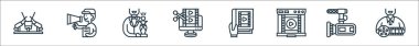 Sinema çizgisi simgeleri. Doğrusal küme. Film makarası, video kamera, monitör ekran, senaryo, film düzenleme, ödül, yönetmen gibi kalite vektör dizileri