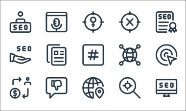 Web uygulamaları seo line simgeleri. Doğrusal küme. masaüstü, küresel, kullanıcı, arama, sosyal medya, paylaşım, bağlantı, kesişme, ses gibi kalite vektör çizgisi kümesi