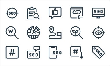 Web uygulamaları seo line simgeleri. Doğrusal küme. Etiket, akıllı telefon, hashtag, aşağı ok, iletişim, www, arama, üst bağlantı gibi kalite vektör satırı kümesi