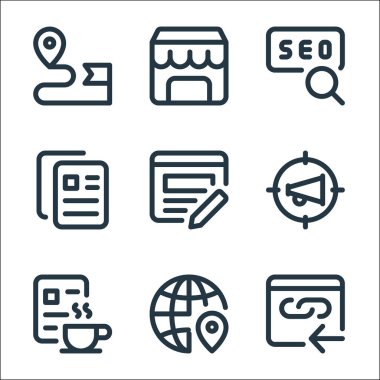 Web uygulamaları seo line simgeleri. Doğrusal küme. Hiper bağlantı, küresel, sıcak içecek, megafon, düzenleme, yapıştırma, arama, dükkan gibi kalite vektör çizgisi kümesi