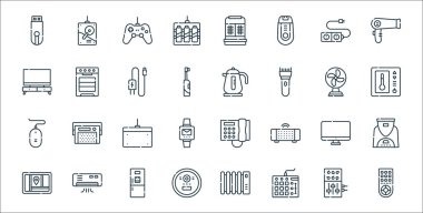 Elektronik hat simgeleri. Doğrusal küme. Uzaktan kumanda, karıştırıcı, elektrikli süpürge, GPS, monitör, grafik tablet, termostat, çaydanlık, fırın gibi kalite vektör çizgisi kümesi