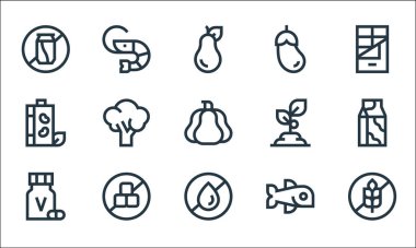 Beslenme çizgisi simgeleri. Doğrusal küme. Glütensiz, yağsız, vitaminsiz, şekersiz, soya sütü, bitkisel, patlıcan, karides gibi kalite vektör çizgisi