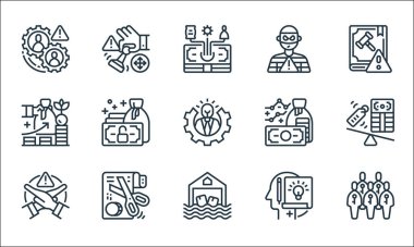 İş risk çizgisi simgeleri. Doğrusal küme. İnsanlar, sel, kısıtlama, proje, gider, yatırım, ekonomik, hırsızlık, stratejik