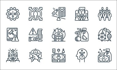 İş risk çizgisi simgeleri. Doğrusal küme. Finans, gider, başarı, belirsizlik, kısıtlama, hukuk, para kaybı, yürütme, karar gibi kalite vektör çizgisi