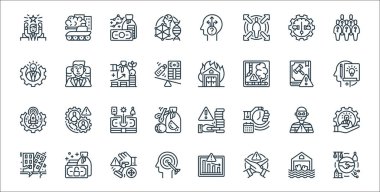 İş risk çizgisi simgeleri. Doğrusal küme. Ortaklık, kısıtlama, hedef, deprem, hırsızlık, masraf, proje, yangın, yürütme gibi kalite vektör çizgisi