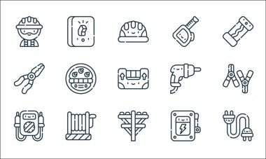 Elektrikçi aletleri ve çizgi simgeleri. Doğrusal küme. Uzatma kablosu, elektrik direği, voltmetre, sigorta kutusu, kablo, kerpeten, matkap, mezura, güç anahtarı gibi kalite vektör çizgisi kümesi