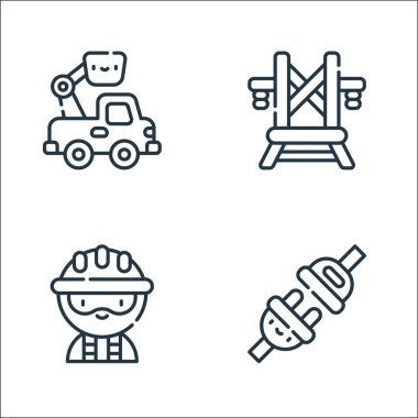 Elektrikçi aletleri ve çizgi simgeleri. Doğrusal küme. Fiş, elektrikçi, elektrik kulesi gibi kalite vektör çizgisi