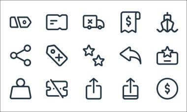 Pazar yeri simgeleri. Doğrusal küme. Para, gönderme, ağırlık, gönderme, gönderme, kupon, paylaşma, geri alma, fiş, bilet gibi kalite vektör çizgisi