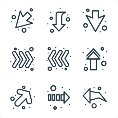 Ok çizgisi simgeleri. Doğrusal küme. Kalite vektör çizgisi, ok sol, ok sağ, sağa dön, yukarı ok, üç ok, aşağı, aşağı ok gibi.