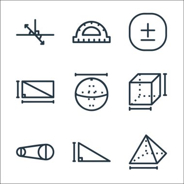Matematik çizgisi simgeleri. Doğrusal küme. Piramit, üçgen, çap, küp, top, dikdörtgen, artı cetvel gibi kalite vektör çizgisi kümesi