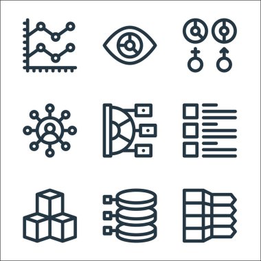 İnfografik elementler çizgi simgeleri. Doğrusal küme. kalite vektör çizgisi kümesi, grafik, küp, konu, pasta grafiği, kullanıcı, cinsiyet, görselleştirme gibi