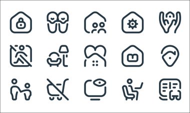 Ev çizgisi simgelerinde kalın. Doğrusal küme. Okuma, televizyon izleme, oyun oynama, evde çalışma gibi kalite vektör dizileri, dışarı çıkmayın, çevrimiçi öğrenme, gözlem, ev