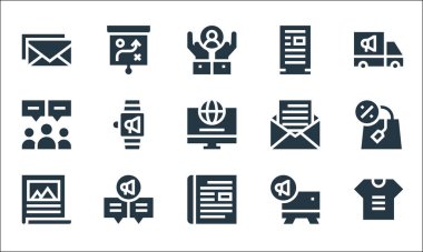 Reklam çizgisi simgeleri. Doğrusal küme. Tişört, dergi, poster, duyuru, sohbet, kullanıcılar, mesaj, reklam, strateji gibi kalite vektör dizileri