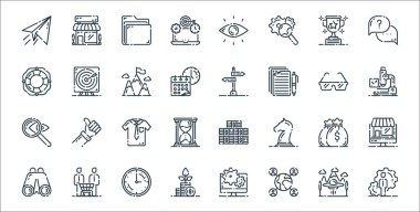 başlangıç satırı simgeleri. Doğrusal küme. Yönetici, sosyal ağ, büyüme, dürbün, para çantası, gömlek, mikroskop, hedef gibi kalite vektör dizisi