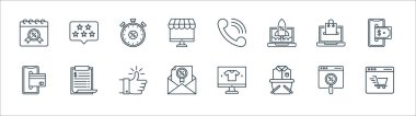 Alışveriş ekommerce çizgisi simgeleri. Doğrusal küme. ecommerce, market sepeti, zarf, akıllı telefon, ecommerce, indirim, telefon, derecelendirme gibi kalite vektör dizileri