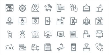 Alışveriş ekommerce çizgisi simgeleri. Doğrusal küme. Telefon, alışveriş çevrimiçi, fiyat listesi, kupon, cüzdan, hediye, takvim, tişört, monitör gibi kalite vektör dizileri