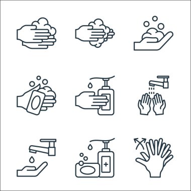 El yıkama çizgisi simgeleri. Doğrusal küme. El yıkama, el sabunu, el yıkama, el yıkama, el yıkama, dezenfektan gibi kalite vektör dizileri,