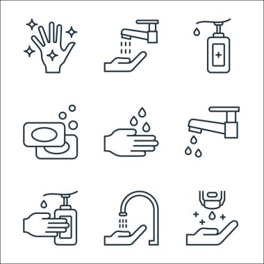 El yıkama çizgisi simgeleri. Doğrusal küme. El dezenfektanı, musluk, el dezenfektanı, su musluğu, el yıkama, sabun, dezenfektan, çamaşır gibi kalite vektör dizileri
