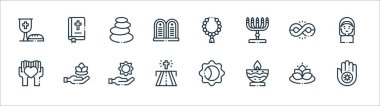 ruhani çizgi simgeleri. Doğrusal küme. Kaliteli vektör çizgisi: jainism, mumlar, yol, kalp, sonsuzluk, taşlar, tespih, incil