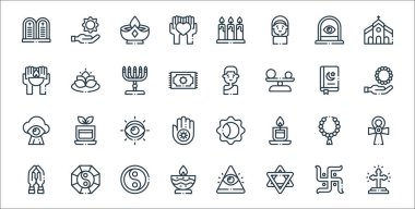 ruhani çizgi simgeleri. Doğrusal küme. Haç, Davut yıldızı, mumlar, dua, tespih, göz, tespih, budist, nilüfer gibi kalite vektör dizileri