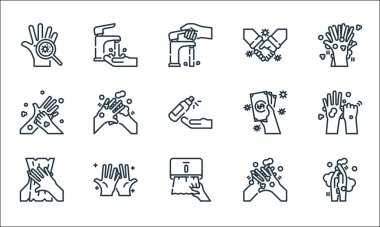 çamaşır ipi simgeleri. Doğrusal küme. Çamaşır, kağıt mendil, kağıt mendil, el yıkama, çamaşır, para, el sıkışma, musluk gibi kalite vektör dizileri