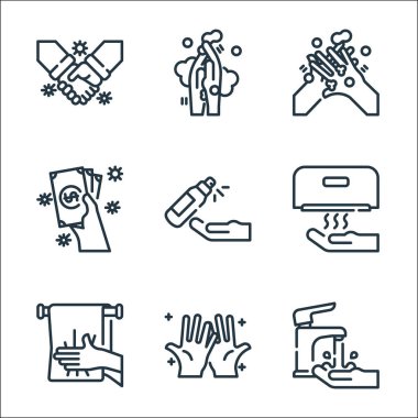 çamaşır ipi simgeleri. Doğrusal küme. Musluk, el, havlu, el kurutma makinesi, alkol jeli, para, yıkama, yıkama gibi kalite vektör dizileri