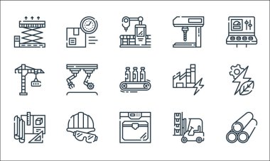 Sanayi işlem çizgisi simgeleri. Doğrusal küme. Tüpler, D yazıcı, proje, forklift, koruma, vinç, fabrika, sondaj makinesi, teslimat gibi kalite vektör dizileri