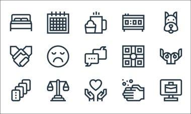 Zihinsel sağlık çizgisi simgeleri. Doğrusal küme. kalite vektör çizgisi: telekomünikasyon, aşk, kartlar, el yıkama, denge, el ele tutuşmak, masa oyunu, çalar saat, takvim