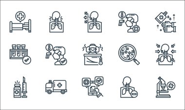 Koronavirüs çizgisi simgeleri. Doğrusal küme. Mikroskop, sahte haberler, aşı, boğaz ağrısı, ambulans, test tüpü, araştırma, enfeksiyon, boğaz ağrısı gibi kalite vektör dizileri