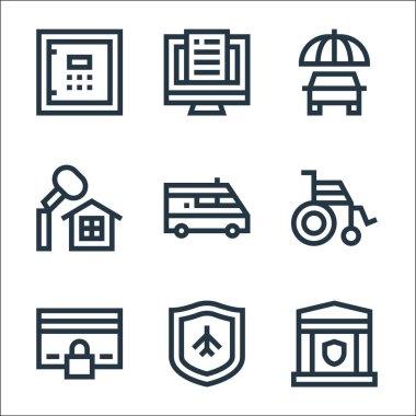 Sigorta çizgisi simgeleri. Doğrusal küme. Banka, uçak, şehir kartı, tekerlekli sandalye, ambulans, ev, araba sigortası, sigorta gibi kalite vektör çizgisi