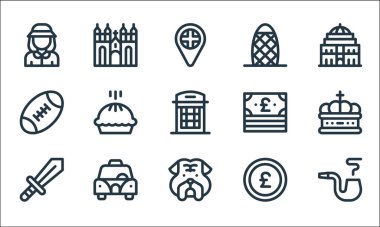 England line icons. linear set. quality vector line set such as smoke pipe, bulldog, sword, pound, taxi, rugby ball, money, westminster vector