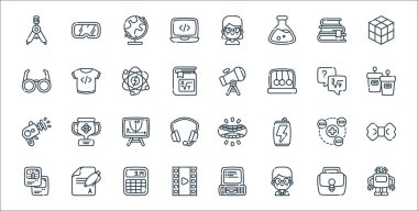 İnek çizgisi simgeleri. Doğrusal küme. Robot, inek, film, oyun kartları, elektron, denklem, tartışma, teleskop, t-shirt gibi kalite vektör dizileri