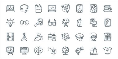 İnek çizgisi simgeleri. Doğrusal küme. T-shirt, lazer silahı, matematik, denklem, inek, bulmaca, akıllı telefon, teleskop, yay gibi kalite vektör çizgisi kümesi