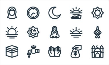 Ramadhan çizgi simgeleri. Doğrusal küme. Cami, ibadet, Mekke, sadaka, su, gündoğumu, günbatımı, oruç, saat gibi kalite vektör çizgisi
