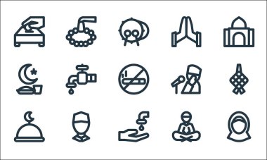 Ramadhan çizgi simgeleri. Doğrusal küme. Avatar, wudhu, cami, okuma, insan avatarı, oruç, adzan, el hareketi, boncuklar gibi kalite vektör dizileri