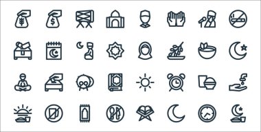 Ramadhan çizgi simgeleri. Doğrusal küme. Oruç, İslam, oruç, oruç, yemek, kazma, İslam, avatar, takvim gibi kalite vektör çizgisi