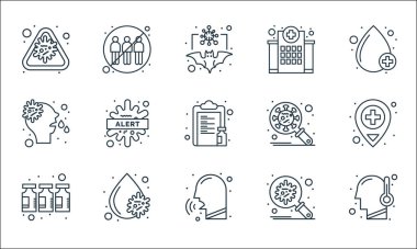 Koronavirüs çizgisi simgeleri. Doğrusal küme. Ateş, öksürük, ilaç, virüs araması, virüs saldırısı, burun akışı, araştırma, hastane, grup yok gibi kalite vektör çizgisi