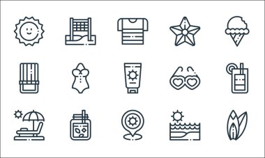 Yaz çizgisi simgeleri. Doğrusal küme. Sörf tahtası, plaj, güneş, plaj, limonata, plaj koltuğu, güneş gözlüğü, deniz yıldızı, voleybol gibi kalite vektör dizileri