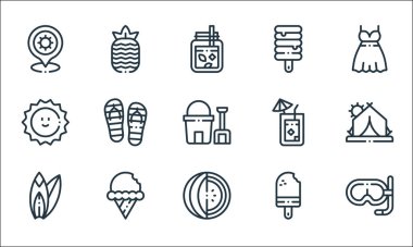 Yaz çizgisi simgeleri. Doğrusal küme. Şnorkel, karpuz, sörf tahtası, dondurma, güneş, limonata, ananas gibi kalite vektör dizileri