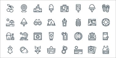 Yaz çizgisi simgeleri. Doğrusal küme. Kolsuz bluz, plaj, plaj çantası, mayo, otel, takvim, hayat kurtarıcı, smoothie gibi kalite vektör dizileri,