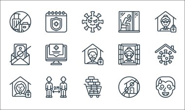 Kişisel izolasyon çizgisi simgeleri. Doğrusal küme. Kalite vektör çizgisi çılgın, toptan alım, karantina, ziyaret yok, mesafeyi koru, para yok, izolasyon, yalnızlık, karantina gibi