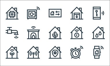 Düz akıllı çizgi simgeleri. Doğrusal küme. smartwatch, Security, plant, alarm, wifi, wifi, timer, garage, safe box gibi kalite vektör dizileri