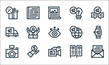 Reklam çizgisi simgeleri. Doğrusal küme. Mesaj, video pazarlama, kamera, flama, değer, reklam, küresel pazarlama, fikir, dergi gibi kalite vektör dizileri