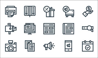 Reklam çizgisi simgeleri. Doğrusal küme. Olay, megafon, kamera, mobil pazarlama, broşür, posta kutusu, dergi, duyuru gibi kalite vektör dizileri