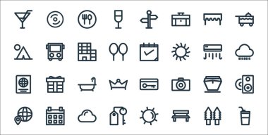 Tatil çizgisi simgeleri. Doğrusal küme. Kahve fincanı, bank, anahtar, harita ve konum, gemi, banyo, yağmurlu, takvim, otobüs gibi kalite vektör çizgisi