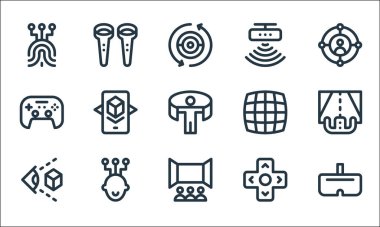 Sanal gerçeklik çizgisi simgeleri. Doğrusal küme. VR gözlükleri, sinema, sanal gerçeklik, düğme, bağlantı, gamepad, ızgara, hareket sensörü, vr gibi kalite vektör dizileri