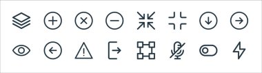 kullanıcı arayüzü satır simgeleri. Doğrusal küme. Cıvata, sessiz, göster, indir, çarp, küçült, artı gibi kalite vektör çizgisi
